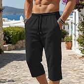 billiga Semester-Herr Shorts Linne Shorts Sommarshorts Beach Shorts Snörning Ficka Elastisk midja Enfärgat Komfort Andningsfunktion Vadlängd Ledigt Dagligen Strand Semester Mode Svart Himmelsblå Oelastisk