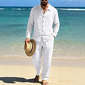 abordables Chemises lin et coton-Homme Chemise en lin Deux pièces Ensemble Chemise Et Pantalons en Lin Pantalons Pantalon décontracté Set Uni Quotidien Extérieur Plage Col Rabattu manche longue Été Printemps Mode Occasionnel