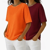 Недорогие Простая футболка-Набор из 2 женских футболок с вафельной текстурой, вафельный трикотаж, однотонные, стильные, базовые, классические, с коротким рукавом, круглым вырезом, стандартного кроя, повседневные, пляжные, розовые+оранжевые.