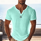 billiga grundläggande t-shirts-Herr T-shirt Stickad T-shirt T-tröja Kortärmad V-hals Sommar Ensfärgat Mode Lättvikt Grundläggande Nät Stickat Slät Ledigt Semester Gata Blå Svart Ljusgrön Topp t-shirt för män