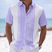tanie Geometryczny wzór-Męskie Geometryczny Prążki Koszula Koszula Guayabera Zapinana na guziki koszula Krótki rękaw Moda na co dzień Codzienny Na zewnątrz Urlop Lato Wiosna Wieczorne Druk 3D Koszula z lnu Niebieski Rumiany