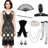 cheap Outfits-Vintage Roaring 20s 1920s Knee Length Dress Flapper Dress Gloves Sleeveless The Great Gatsby Charleston Sequins Tassel Fringe Fancy Dress Women's Halloween Carnival Cocktail Party Adults' 1 Fan Dress