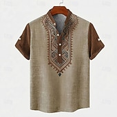 ieftine Model etnic-Bărbați Model Geometric Tribal Έθνικ Cămașă Cămașă cu nasturi Manșon scurt Vintage Retro Concediu Casul / Zilnic Vară Primăvară Guler în picioare Henley Guler Imprimare 3D Cămașă de in Sötét khaki
