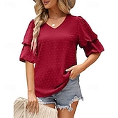 baratos Chiffon Tops-Mulheres Camisa Social Blusa Tops de chiffon Tecido à moda Básico Clássico Manga Curta Manga Princesa Decote V Tops regulares Casual Diário Feriado Azul Preto Branco Vinho Verde Escuro Verão Primavera