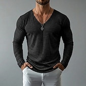 cheap Cotton Linen T-shirts-Men's Tee Top Linen T-Shirt Long Sleeve V Neck Spring &amp; Summer Summer Spring Solid Color Daily Casual Street Style Plain Casual Outdoor Street Blue Lake blue Black Top Tee for Men