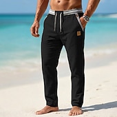 cheap Holiday-Men's Linen Pants Summer Pants Drawstring Elastic Waist Straight Leg Plain Comfort Breathable Full Length Casual Daily Beach Vacation Fashion Blue Black Inelastic