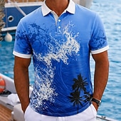 cheap Polo hawaiano para hombre-Men's Ocean Hawaiian Polo Shirts Short Sleeve Polo Shirts Collared Shirts Casual Athleisure Daily Wear Vacation Wear 3D Print Buttons Breathable Mesh Summer Spring Blue Sky Blue