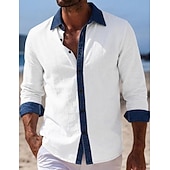 billiga Semester-Men's Shirt Linen Shirt Summer Shirt Beach Wear Beach Shirt Button Up Shirt Color Block Vacation Holiday Blue Black White Pink Long Sleeve Turndown Summer Spring Clothing Apparel Patchwork