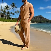cheap Cotton Linen Shirt-Male Linen Shirt 2 Piece Shirt Set And Linen Pants Trousers Casual Pants Set Plain Daily Outdoor Vacation Turndown Sleeveless Summer Fashion Casual Comfortable Clothing Apparel