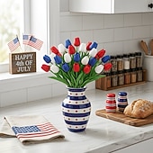 baratos Flor artificial-Conjunto de 20 tulipas artificiais vermelhas, brancas e azuis com toque realista, flores patrióticas de imitação adequadas para decorações do Dia da Independência (4 de julho), decoração de casa e