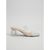 cheap Heeled Sandals-Women's Elegant Silver Slides with Faux Pearl Embellishments - Chic Clear Sandals for Evening Resort Wear, Beach Weddings &amp; Summer Galas
