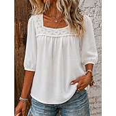  Mulheres Camisas com toque de linho Blusa Guarnição do laço Côr Sólida Diário à moda Básico Manga 3/4 Decote Quadrado Tops regulares Casual Diário Azul Branco Rosa Azul Marinha Verde Verão Primavera