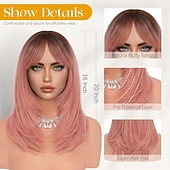 baratos Perucas Sintéticas sem Touca-Peruca longa, lisa e em camadas, rosa, com franja, 40 cm (16 polegadas), com raízes escuras, aparência natural, cabelo sintético macio e resistente ao calor, comprimento médio, ideal para uso diário e