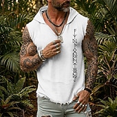 preiswerte Camisetas tropicales de vacaciones-Herren-Weste mit Wikinger-Runen, nordischen Futhark-Mustern, heidnischem Krieger-Boho-Tribal-Stil, ärmellos, Kapuze, Grafik, ausgefranstem Saum, lockerer Passform, Sommer, Strand, Festival,