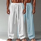 cheap Classic-Men's Linen Pants Trousers Summer Pants Baggy Pants Beach Pants Drawstring Elastic Waist Straight Leg Plain Comfort Breathable Full Length Casual Daily Outdoor Vacation Fashion Green+Gray White+Navy