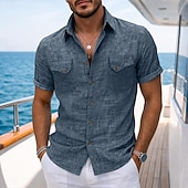 abordables Clásico-Hombre Camisa Camisa de lino Camisa de verano Ropa de playa Color sólido Casual Vacaciones Azul Piscina Azul Marino Caqui Gris Manga Corta Cuello Camisero Verano Primavera Ropa Bolsillo