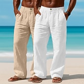 abordables Vacances-Homme Pantalons en Lin Pantalons Pantalon d'été Pantalons Amples Pantalons de Plage Avec Poches Uni Confort Respirant Longueur complète Occasionnel Quotidien Extérieur Vacances Mode Blanc + kaki