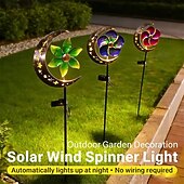 preiswerte Bodenlichter-Solarbetriebener Mond-Windspinner aus Metall, Gartenstecker, Außendekoration, Windräder, wasserdicht, Landschafts- und Wegbeleuchtung, 1 Stück