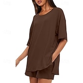 cheap Women's Blouse Suits-Women's Two Piece Sets Shorts Sets Short Sleeve Round Neck Plain Fashion Streetwear Casual Daily Outdoor Black Brown Summer Regular Fit