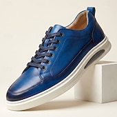 preiswerte Premium Leder Sneaker-Men's Blue Genuine Leather Casual Sneakers Lace-Up Lightweight Comfort Walking Shoes for Daily Wear, Travel, Commuting, Weekend Outings and Smart Casual Style