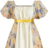 abordables Robe-Médiéval Renaissance 19ème siècle Longueur au sol Robe Manches courtes Princesse Floral Imprimé Floral Col carré Déguisement Femmes Carnaval Foire de la Renaissance LARP Soirée à thème rétro Adulte