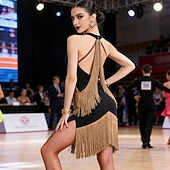 voordelige Oefen Jurken-Latijns-Amerikaanse salsa dansjurk met kwastjes, mouwloze rumba- en sambadansjurk voor dames.