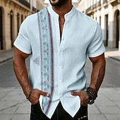 halpa النمط العرقي-Men's Floral Print Ethnic Shirt Button Up Shirt Stand Collar Shirt Short Sleeve Vintage Retro Vacation Dailywear Beach Wear Summer Spring Mandarin Collar 3D Print Linen Like Shirt Blue Pink Khaki