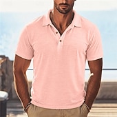 abordables Polo Classique pour Hommes-Homme Chemise en lin Polo Occasionnel Vacances Classique Manche Courte Vacances Mode Uni Texturé Boutons Été Printemps Coupe régulière Bleu Clair Noir Rose Claire Vert Bleu clair Chemise en lin