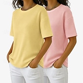 Недорогие Простая футболка-Набор из 2 женских футболок с вафельной текстурой, вафельный трикотаж, однотонные, стильные, базовые, классические, с коротким рукавом, круглым вырезом, стандартного кроя, повседневные, пляжные, розовые+оранжевые.