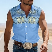 preiswerte Westernhemden für Herren-Herren Geometrisches Muster Ethnisch Westernhemd Cowboy-Shirt Ärmelloses Shirt Ärmellos Westernstil Outdoor Arbeit Lässig Sommer Frühling Umlegekragen 3D-Druck Arbeitshemden Blau Rosa Khaki
