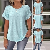 abordables Tops de Encaje-Mujer Parte superior con ojales Camiseta de punto Camiseta de encaje Color sólido Elegante Manga Corta Cuello Barco Tops regulares Casual Diario Fin de semana Bleu Ciel Verano Primavera