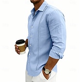 preiswerte Klassiker-Herren Hemd Leinenhemd Sommerhemd Strandhemd Einfach Lässig Urlaub Schwarz Weiß Marineblau Khaki Langarm Umlegekragen Sommer Frühling Bekleidung Patchwork