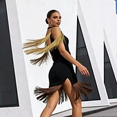cheap Practice Dresses-Women's Latin Dance Dress - Gold Shoulder Fringe &amp; Brown Tassel Hem Performance Competition Outfit