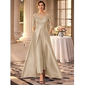 رخيصةأون بدلات الأم-أفرول طول الأرض فستان أم العروس 3/4 الكم جوهرة أنيق حفلة ضيف حفل زفاف حفلة الزفاف ساتان مع زينة لون صلب