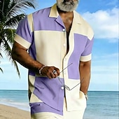 economico Geometrica-Per uomo Geometrico Blocco di colori Patchwork Camicia Camicia con Bottoni Camicia con collo camp Manica Corta Moda Casual Abbigliamento casual alla moda Vacanza Estate Primavera Colletto cubano