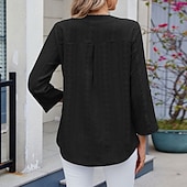 cheap Plain tee-Women's Texture Blouse Eyelet Top Pointelle Tee T Shirt Eyelet Striped Fashion Classic Casual Long Sleeve V Neck Regular Tops Casual Daily Beach Black White Navy Blue Sky Blue Orange Summer Spring