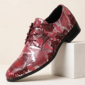 voordelige Derby Schoenen-Rode herenschoenen met slangenprint, vetersluiting, modieuze nette schoenen, een opvallend formeel schoeisel voor bruiloften, banketten, feesten, gala's, podiumoptredens en gedurfde avondkleding.