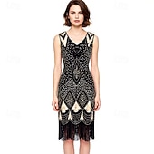 cheap Outfits-Vintage Roaring 20s 1920s Knee Length Dress Flapper Dress Gloves Sleeveless The Great Gatsby Charleston Sequins Tassel Fringe Fancy Dress Women's Halloween Carnival Cocktail Party Adults' 1 Fan Dress