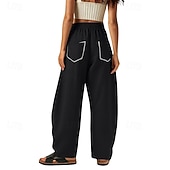 abordables Fondos-Mujer Pantalones de lino y algodón Pantalones Pantalones casuales Pantalones de verano Vacaciones Moda Ropa de calle Longitud total Alta cintura Retazos Bolsillo Cintura elástica Comodidad Cómodo