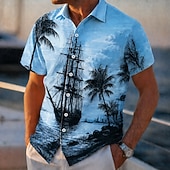 abordables Plantes tropicales-Homme Cocotier Voilier Plantes Tropicales Chemise hawaïenne Chemises tropicales Chemise Aloha Manche Courte Hawaïen Vacances à la Plage Été Printemps Col Rabattu Impression 3D Chemises boutonnées