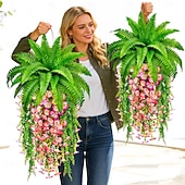 abordables Plantes et Verdure Artificielles-Ensemble de 4 plantes artificielles de type fougère de Boston et ipomée de la pampa, à suspendre soi-même. Résistantes aux UV, ces plantes artificielles réalistes sont toujours vertes et ne