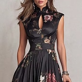 economico Abiti eleganti floreali-Per donna Abito Midi Abito in Raso Elegante Quotidiano Vacanza Weekend Vestibilità regolare Floreale Senza Maniche Colletto a Camicia Nero Estate