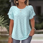 abordables Tops de Encaje-Mujer Parte superior con ojales Camiseta de punto Camiseta de encaje Color sólido Elegante Manga Corta Cuello Barco Tops regulares Casual Diario Fin de semana Bleu Ciel Verano Primavera