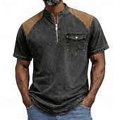 cheap Casual Henley Tee-Men's Henley Shirt 100% Cotton Acid Wash Shirt Short Sleeve Plain Solid Vintage Retro Vintage Casual Zipper Vintage Style Garment Dyed Henley Casual Spring &amp; Summer Summer Spring Black Pink Light
