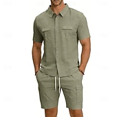 baratos Camisa Algodão Linho-Homens Camisa de linho 2 Peças Conjunto de camisa E Bermuda Cargo Calção Shorts de linho Definir Tecido Diário Ao ar livre Férias Aberto para a Lateral Manga Curta Verão Moda Casual Confortável Roupa