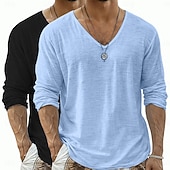  Camiseta de lino para hombre, 2 piezas, manga larga, cuello en V, verano, primavera &Conjunto de 2 piezas liso para verano, color liso, para uso diario, estilo urbano, informal, para exteriores, color