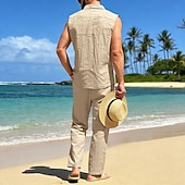 cheap Cotton Linen Shirt-Male Linen Shirt 2 Piece Shirt Set And Linen Pants Trousers Casual Pants Set Plain Daily Outdoor Vacation Turndown Sleeveless Summer Fashion Casual Comfortable Clothing Apparel
