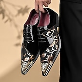 Χαμηλού Κόστους Παπούτσια Oxford-Ανδρικά μαύρα φλοράλ παπούτσια με μυτερή μύτη και μεταλλικό καπάκι στην μύτη, μοντέρνα επίσημα παπούτσια με κορδόνια για κομψούς άνδρες, ιδανικά για γάμους, πάρτι, δεξιώσεις και θεατρικές παραστάσεις.