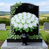 baratos Flor artificial-Arranjo requintado de rosas artificiais para lápides, ideal para o Dia da Memória, funerais e cemitérios, expressando condolências e despedidas a familiares e amigos.