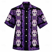 voordelige Vintage overhemd-Cinco de Mayo Voor heren Calavera Mexico Doodskoppen Overhemd Overhemd met knopen Kampshirt Korte mouw Vintage Retro Streetwear Vakantie Zomer Lente Cubaanse kraag 3D-afdrukken blauw Rood Paars Groen